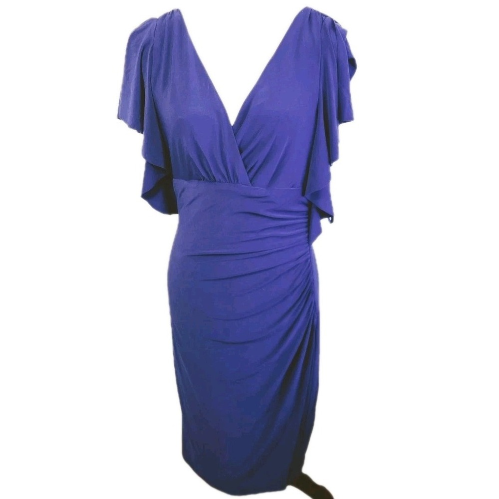 Ralph Lauren Womens Purple Midi Party Cocktail Dress Size 12 Ruched Stretch